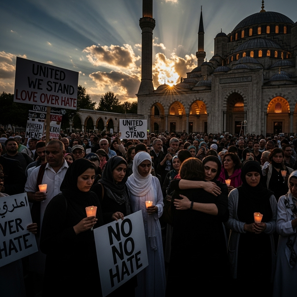 outside mosques: French suspect 1 foreign power in attacks 3 A community gathering showing solidarity outside mosques after recent incidents of vandalism.