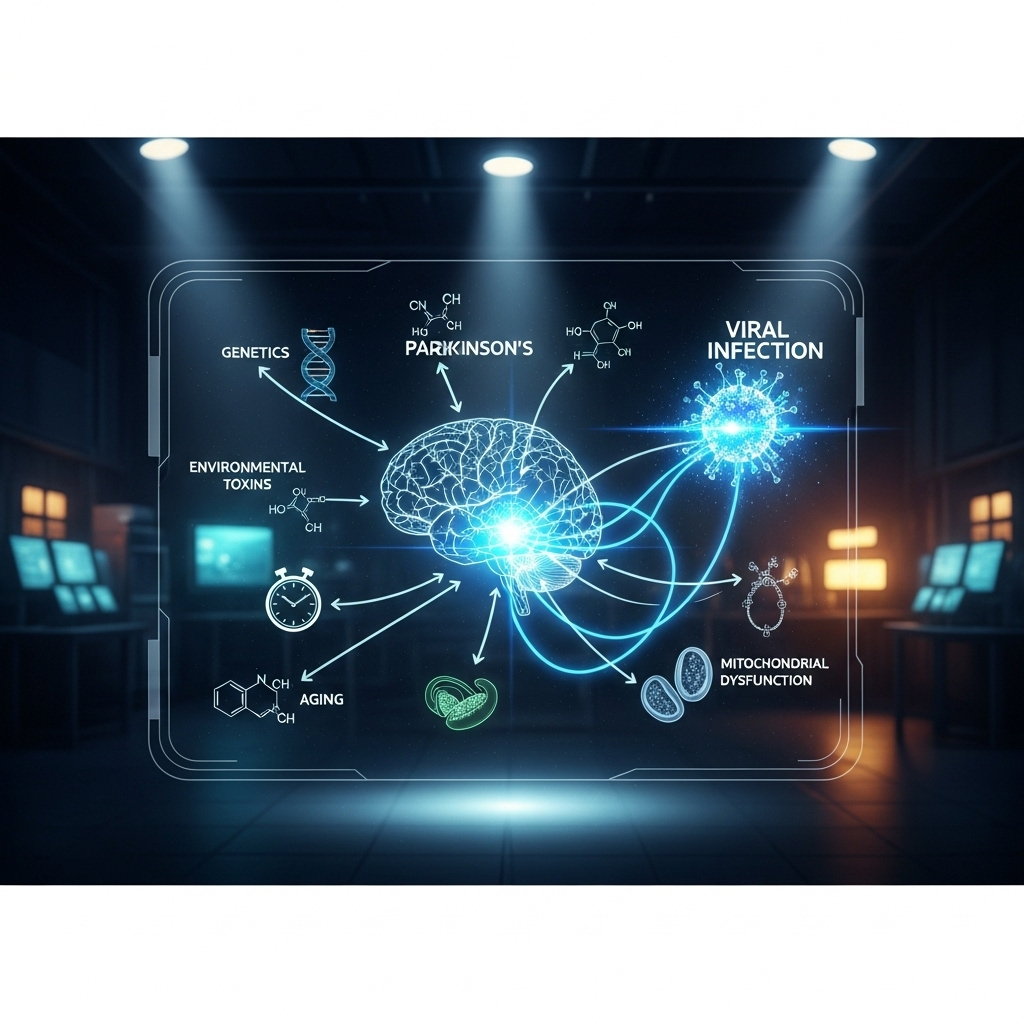 Unexpected virus discovery: 1 new link to Parkinson's? 4 A complex diagram showing the many factors of Parkinson's disease, highlighting how the unexpected virus discovery adds one more link to the chain.