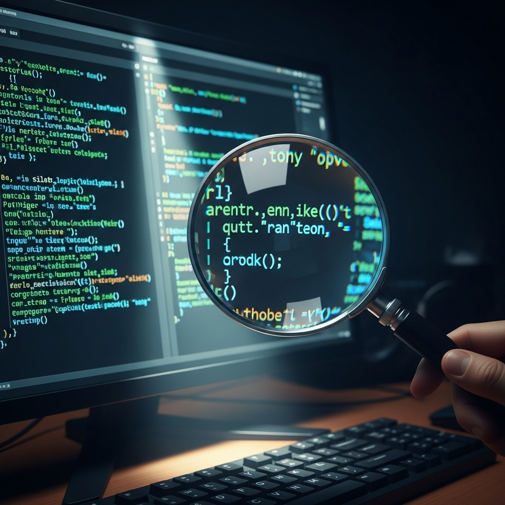 Cybercrime spree: 1 Hacker's AI Chatbot Attack Exposed 4 A computer screen showing lines of code with a magnifying glass, illustrating the investigation into the cybercrime spree.