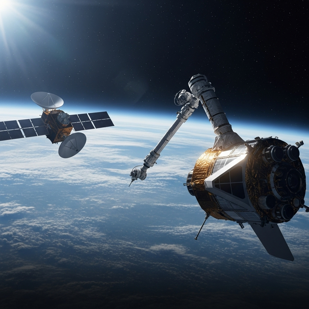 Rendezvous Robotics Secures $3M for Space Infrastructure 2 A concept rendering of a Rendezvous Robotics servicing vehicle with its robotic arm extended towards a satellite in orbit.