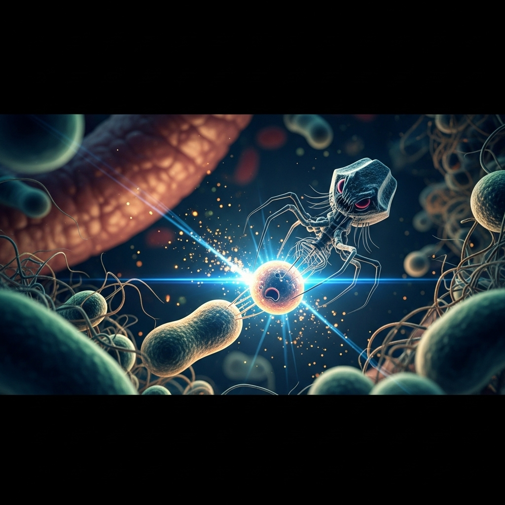 Unexpected virus discovery: 1 new link to Parkinson's? 2 A conceptual illustration showing the unexpected virus discovery of a bacteriophage within the human gut microbiome.