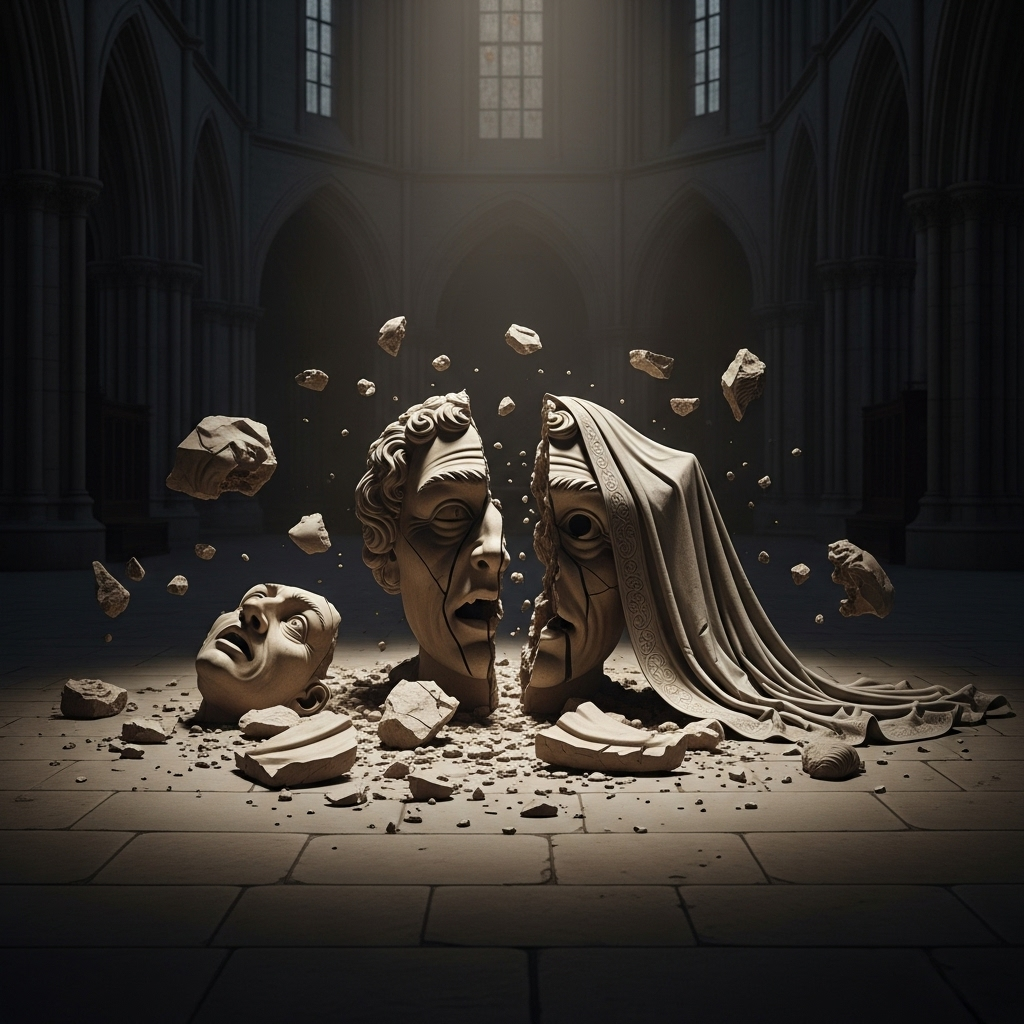 kirk killing 'grotesque': 1 Senator Blames Online Hate 2 A conceptual image of a shattered sculpture, representing the kirk killing 'grotesque' controversy and censorship.