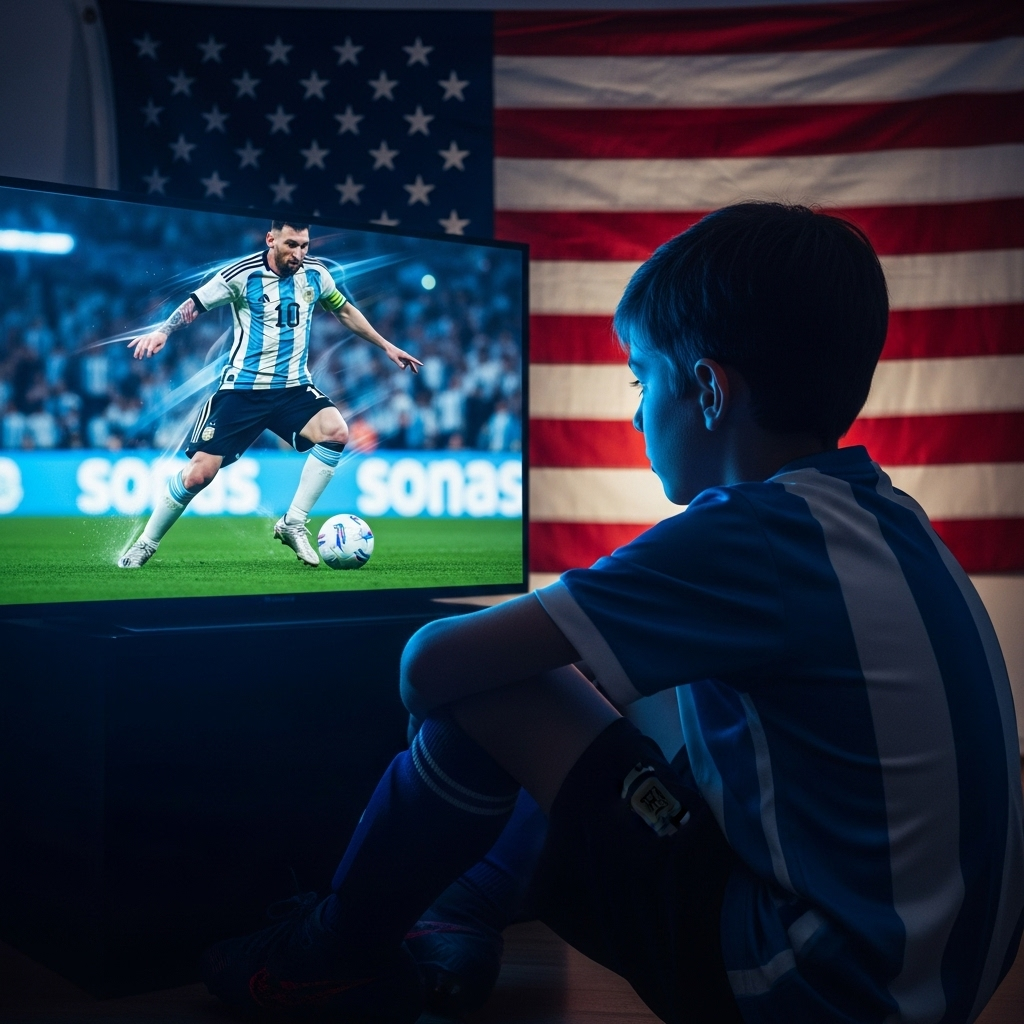 Lionel Messi: 2022 World Cup Last Dance & USMNT Win? 4 A conceptual image of a young soccer player watching Lionel Messi on a screen with the US flag in the background.