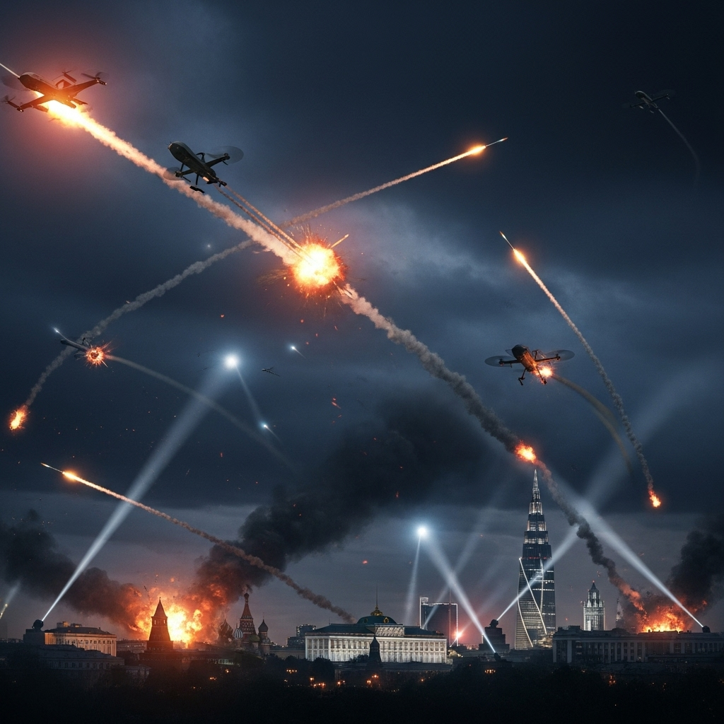 moscow drone incursion: Trump gives 1 warning to Russia 2 A conceptual image of air defense systems firing at night, illustrating the moscow drone incursion.