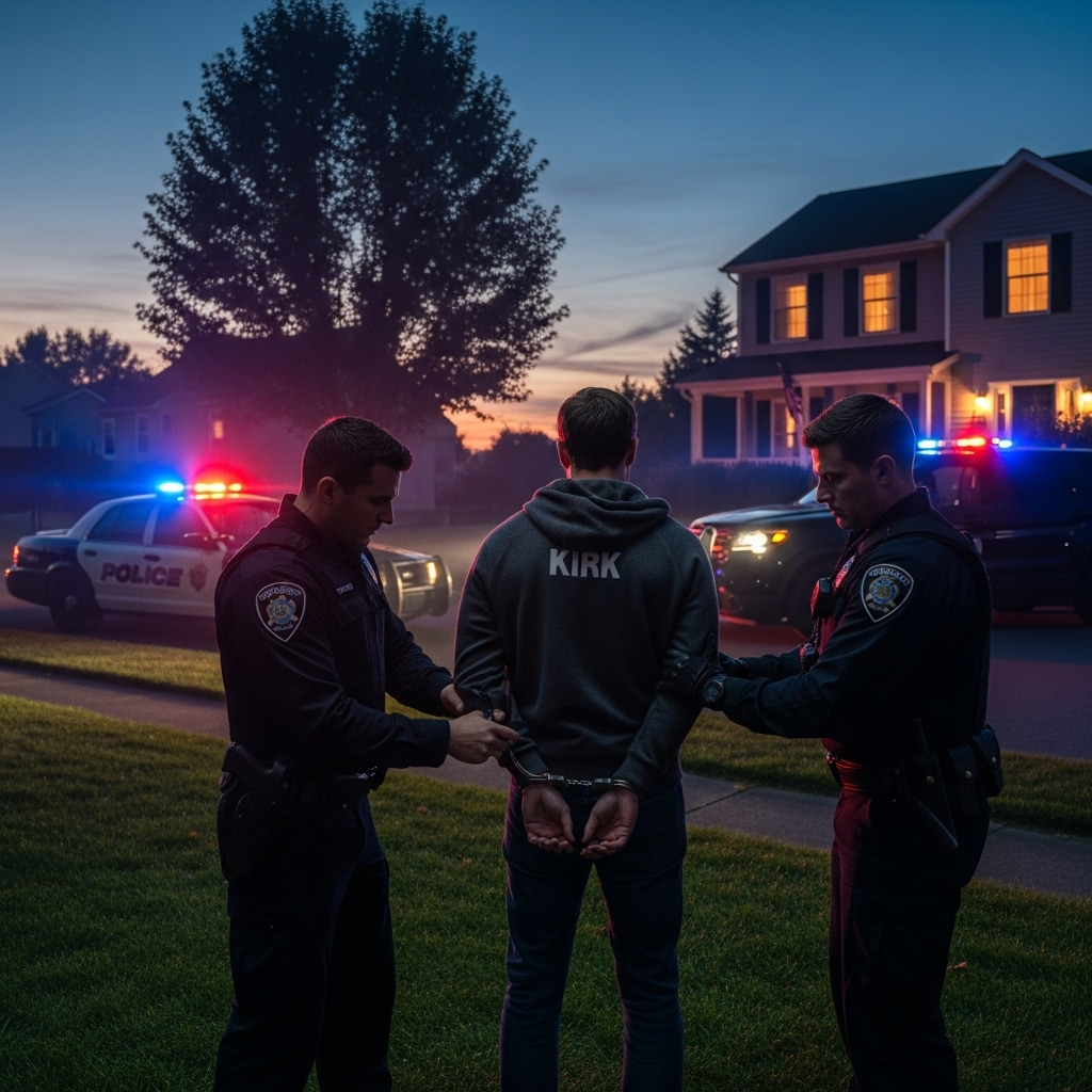 kirk suspect: 1 FBI Agent Warns of Assassination Culture 2 A conceptual image representing the arrest of the kirk suspect near a suburban home.