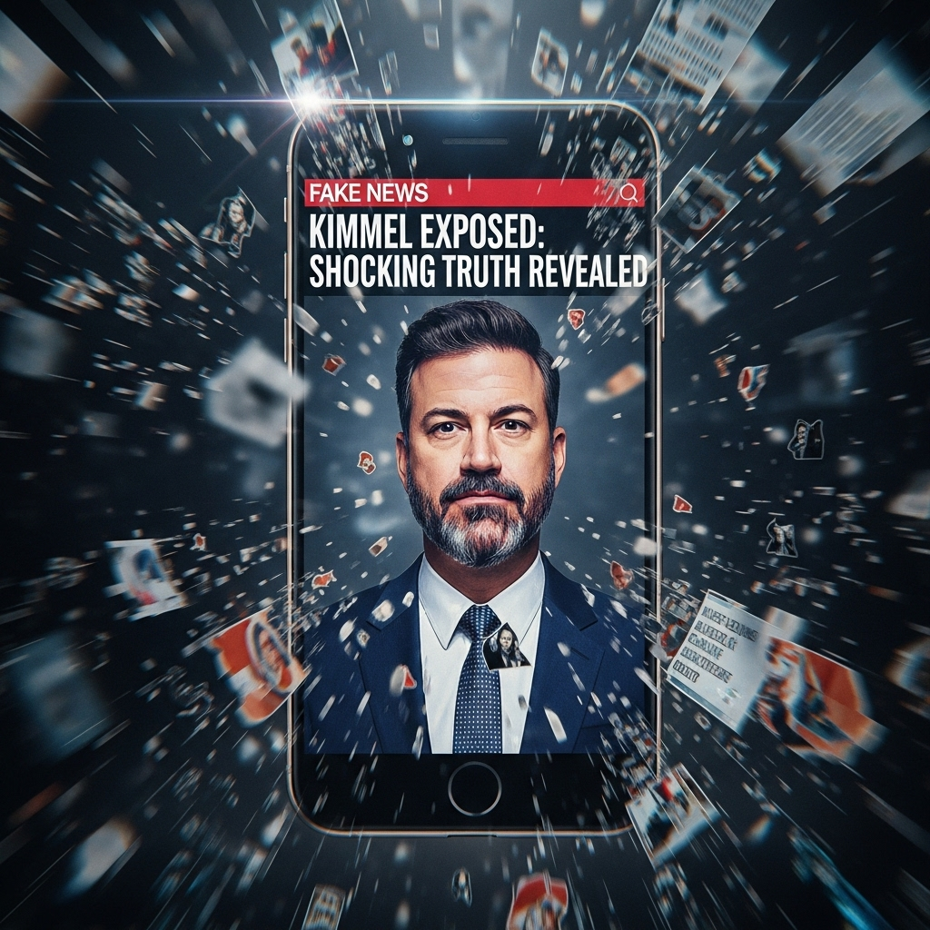 Jimmy Kimmel: 1 Sharp Take on Fatal Charlie Kirk Shooting 3 A conceptual image representing viral fake news spreading on a smartphone, with a photo of Jimmy Kimmel looking skeptical.