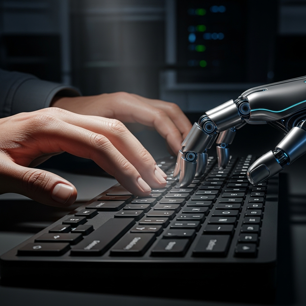 500 workers laid off by xAI from data annotation team 3 A conceptual image showing human hands being replaced by robotic ones on a keyboard, representing the 500 workers replaced by AI.