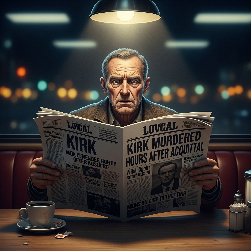 kirk's murder hours: 1 Paper's Satire Sparks Outrage 2 A concerned citizen reading a local newspaper with a shocking headline about kirk's murder hours.