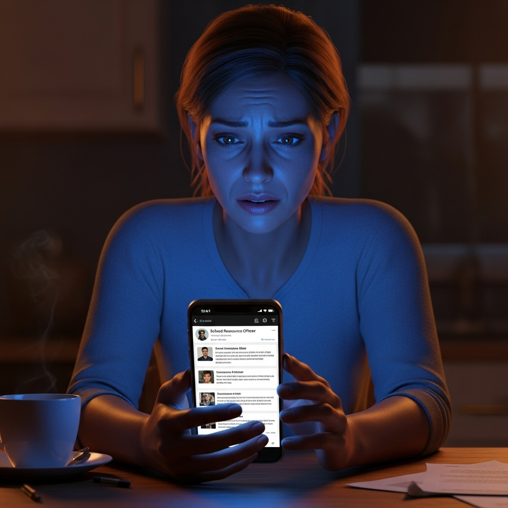 School Resource Officer Removed: 1 Officer's Shocking Posts 2 A concerned parent looking at a phone, representing the discovery of the school resource officer posts.