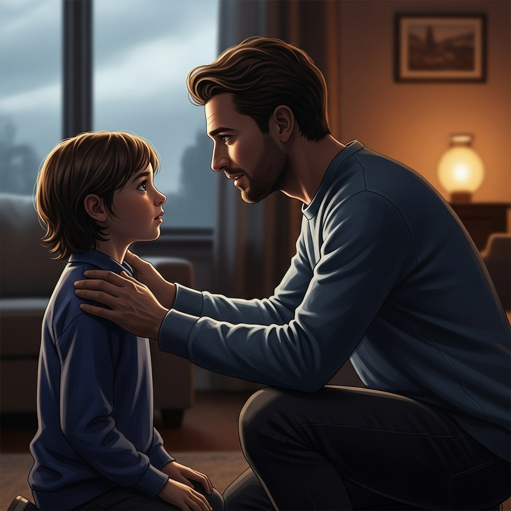 Injured Child: SUV Hits 8-Year-Old, Driver Flees Scene 1 A concerned parent talking to their child about road safety, a crucial lesson after a local injured child incident.