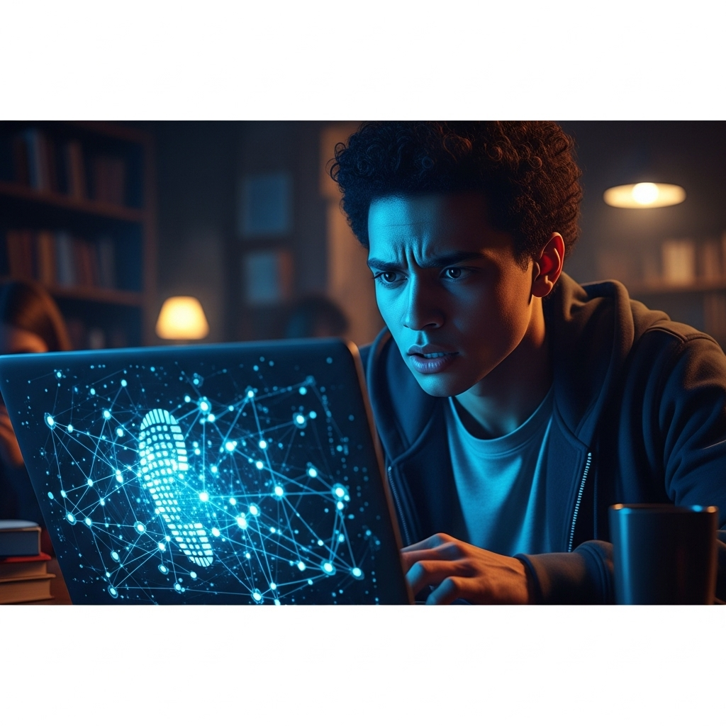 More Students Use OnlyFans: 3 Big Concerns on Campus 2 A concerned student looks at a laptop, representing the digital footprint concerns more students face.