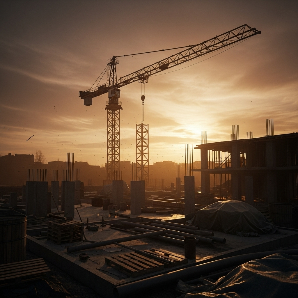 Crisis Deepens: 1 Developer Warns of Housing Emergency 2 A construction site with a halted crane as the housing crisis deepens.