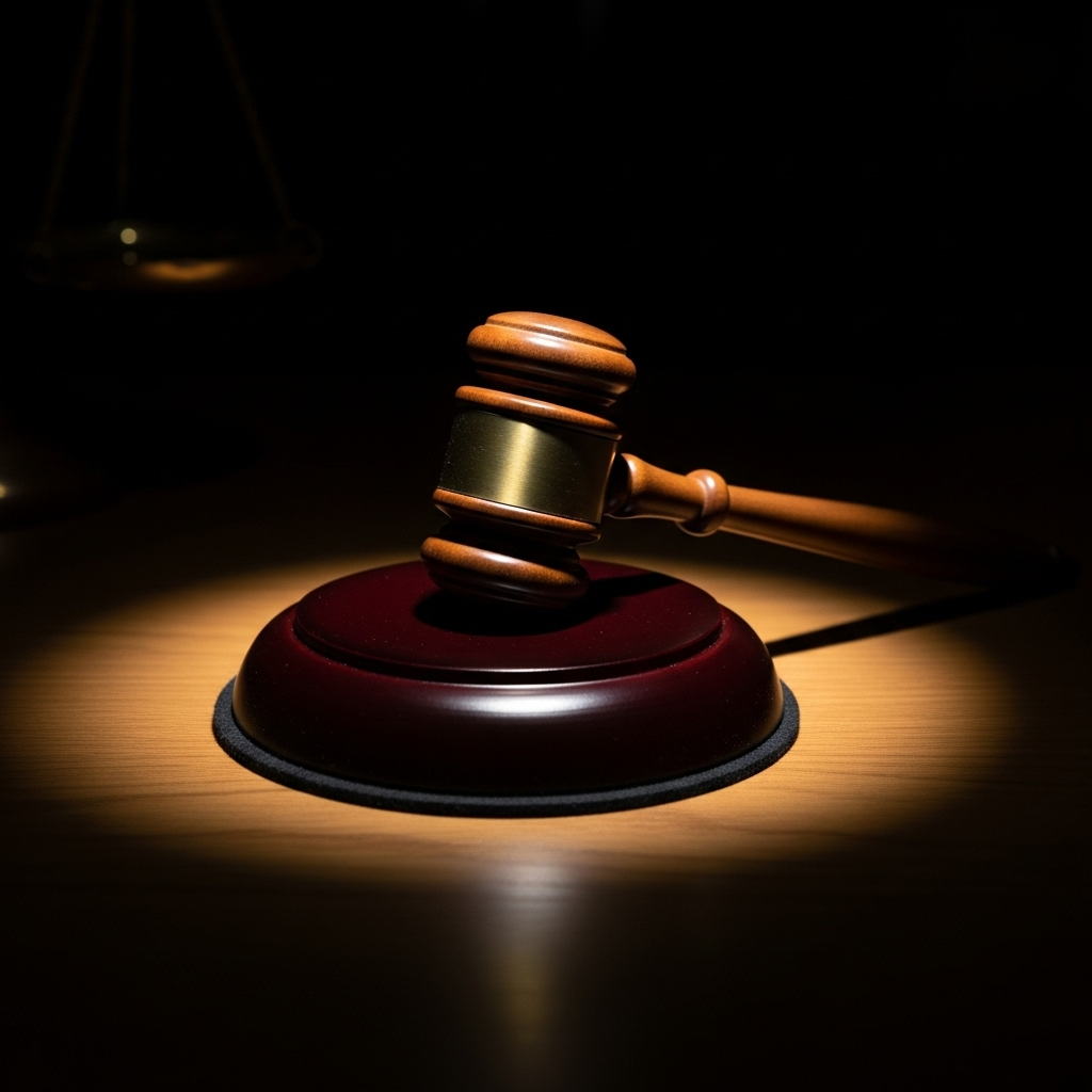 Wife's Killer Jailed: 1 Survivor's Plea for Privacy 2 A courthouse gavel rests on a sound block, symbolizing the final verdict against the wife's killer.