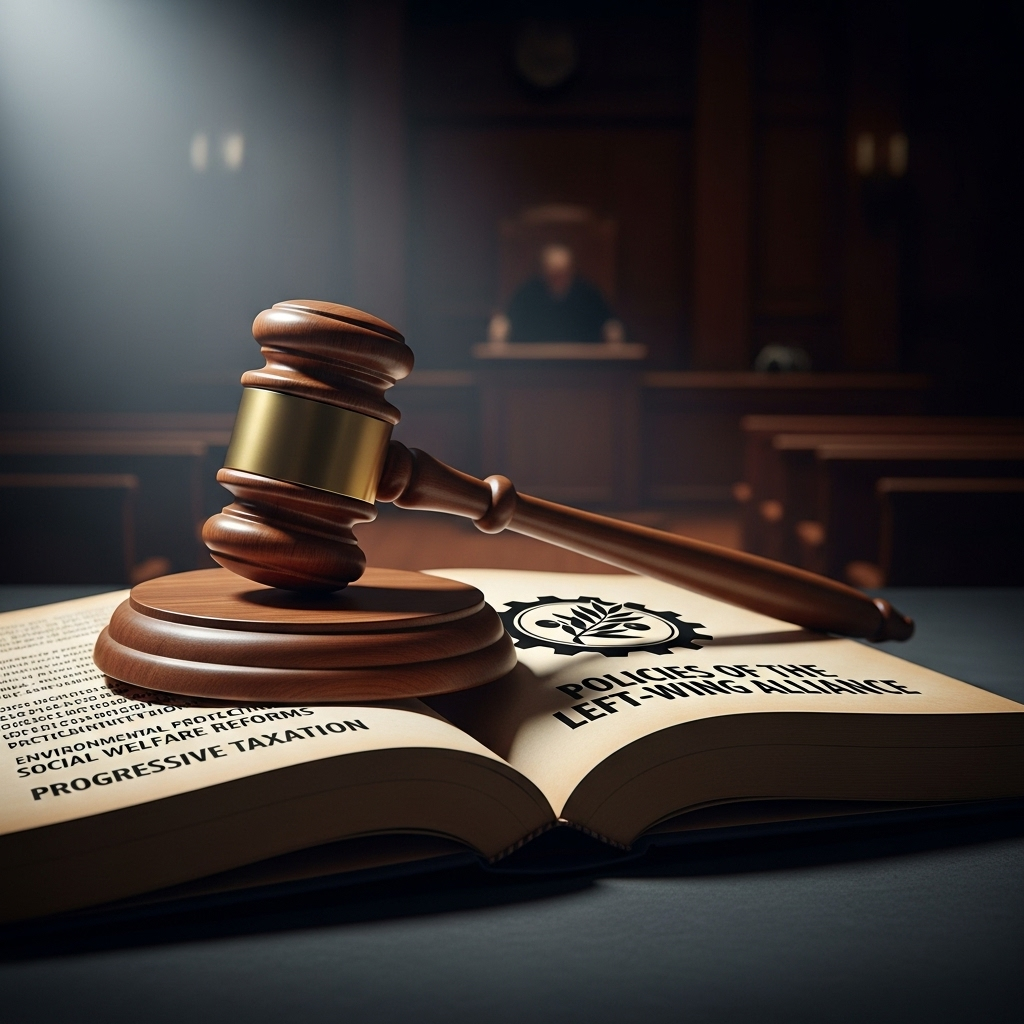 left-wing group's 10 Policies Secretly Given to DAs 3 A courtroom gavel on a book of laws, representing the policies from the left-wing group.