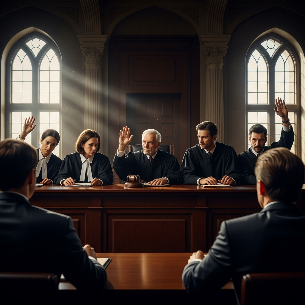 two out of five judges: Bolsonaro guilty in TSE trial 3 A courtroom scene with judges deliberating, illustrating the moment where two out of five judges cast their votes.