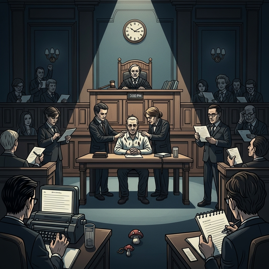 mushroom murders: 1 Survivor's Plea as Killer Jailed 3 A courtroom sketch depicting the dramatic moment the final verdict was read in the mushroom murders trial.