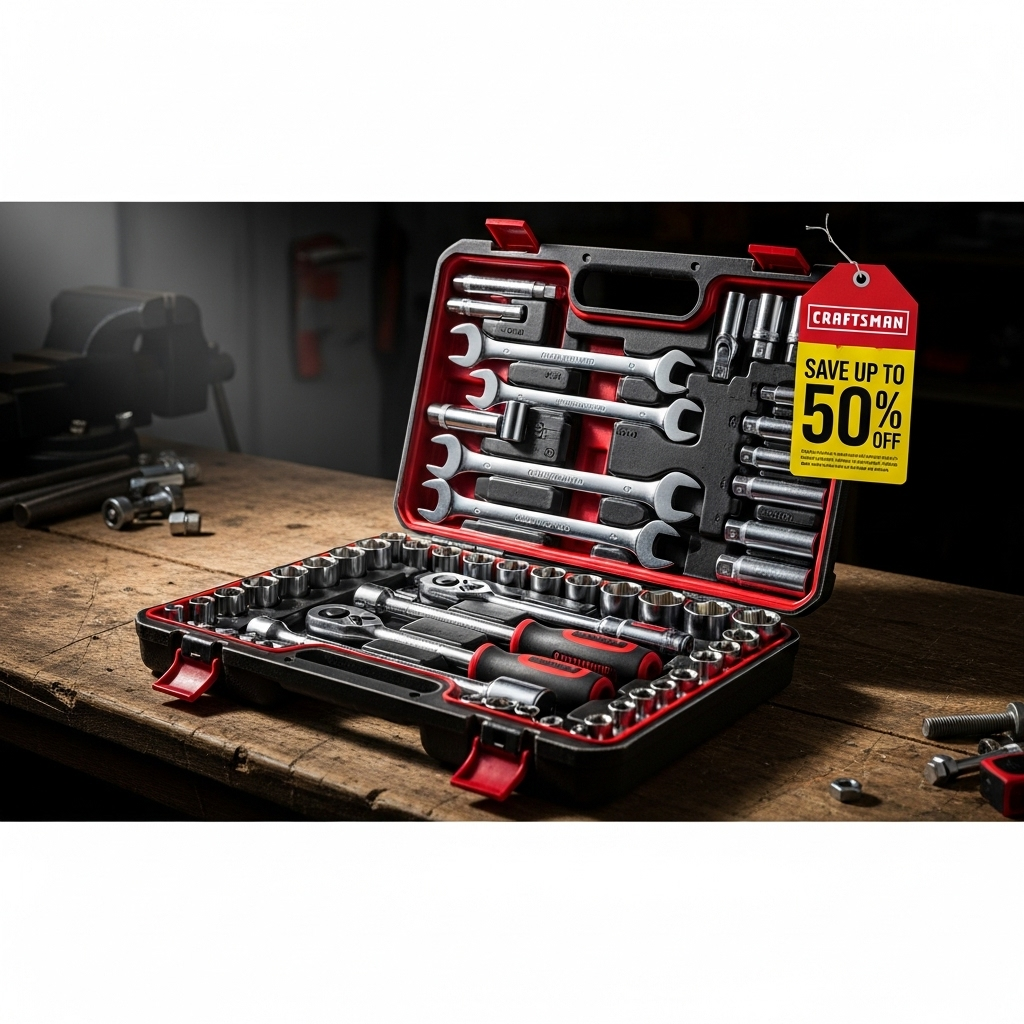 Up to 50% Off Top Tool Deals: DeWalt & Craftsman 3 A Craftsman mechanics tool set in its case with a promotional tag advertising up to 50% off.