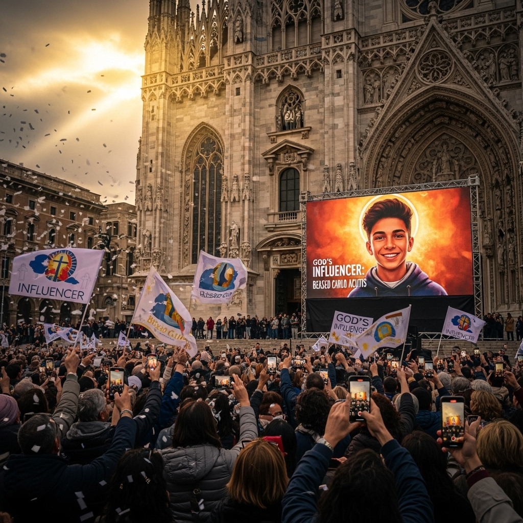 God’s Influencer: The 1st Millennial Declared a Saint 3 A crowd gathers outside a church to celebrate the beatification of the teen known as god’s influencer.
