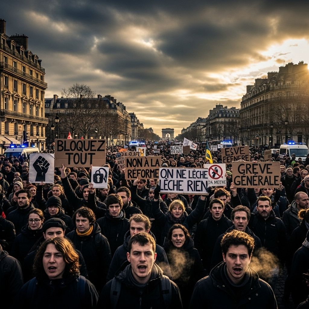 'block everything' protests: 100s Arrested in France 4 A crowd of demonstrators marching with signs during the 'block everything' protests in Paris.