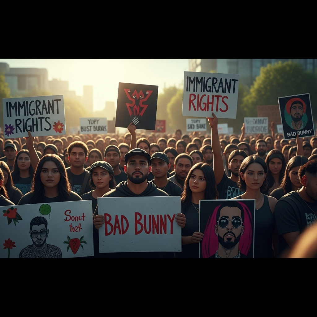 No US Tour in 2024: Bad Bunny's Stand Against ICE Raids 4 A crowd of fans at a rally, holding signs that support immigrant rights and Bad Bunny.