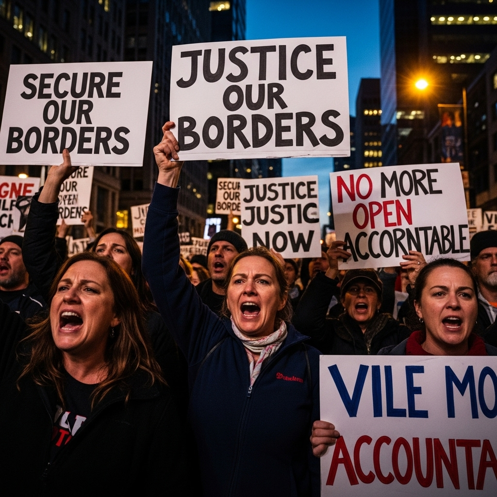 'vile monster' freed by Biden admin: 1 dead in Texas 4 A crowd of protestors holding signs calling for border security and justice, angered by the case of the 'vile monster'.