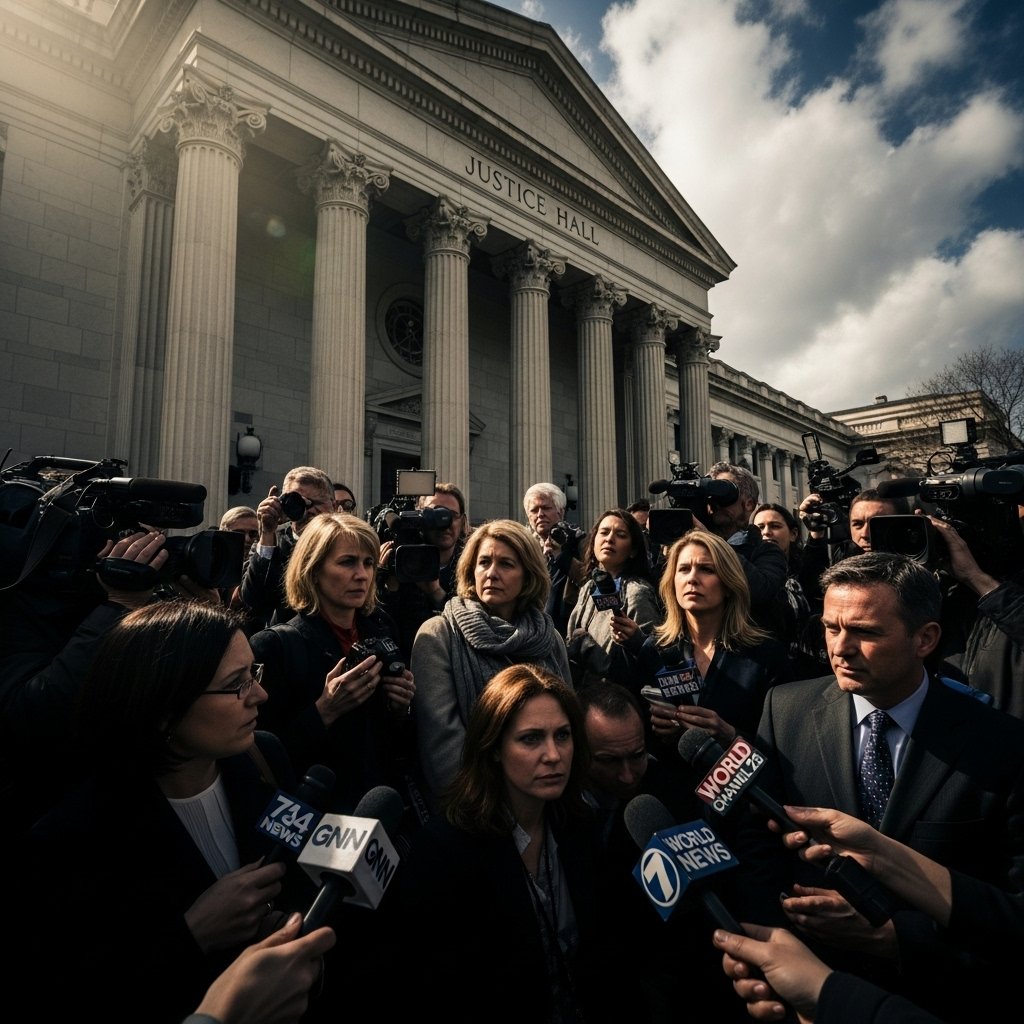 News Conference Delay: 3 Developments in Kirk Investigation 4 A crowd of reporters with cameras waiting outside a courthouse for a news conference to start.