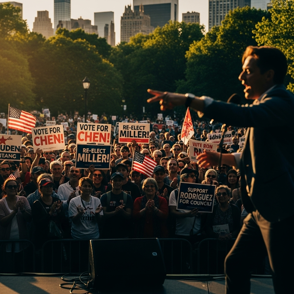 Boiling Point: 1 NYC Race Sees Cuomo Rally Leaders 2 A crowded political rally in a NYC park, with signs for local candidates.
