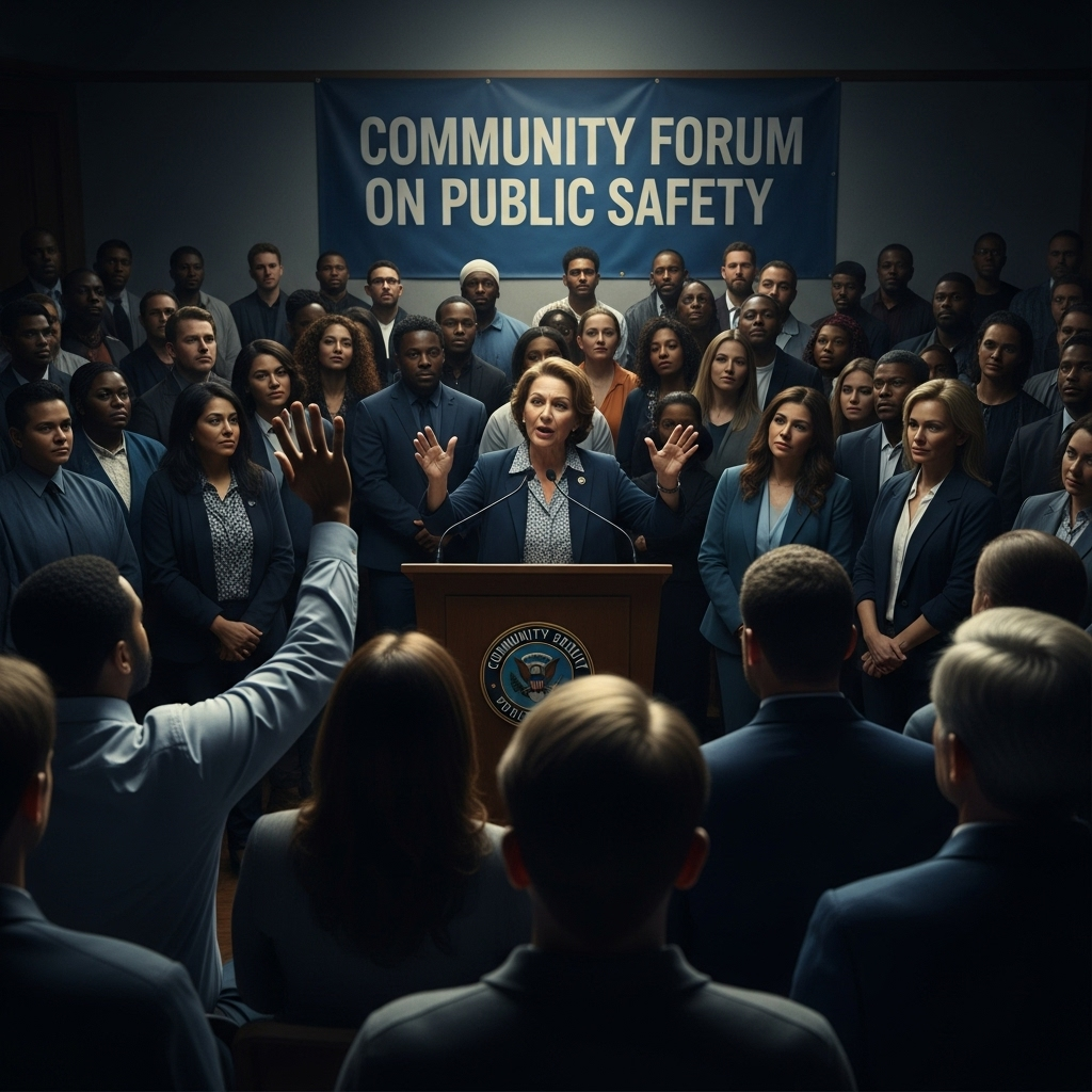 Police Policy Question: Mamdani's 1 Answer Sparks Outrage 2 A crowded town hall meeting room focuses on a speaker, illustrating where the police policy question was asked.