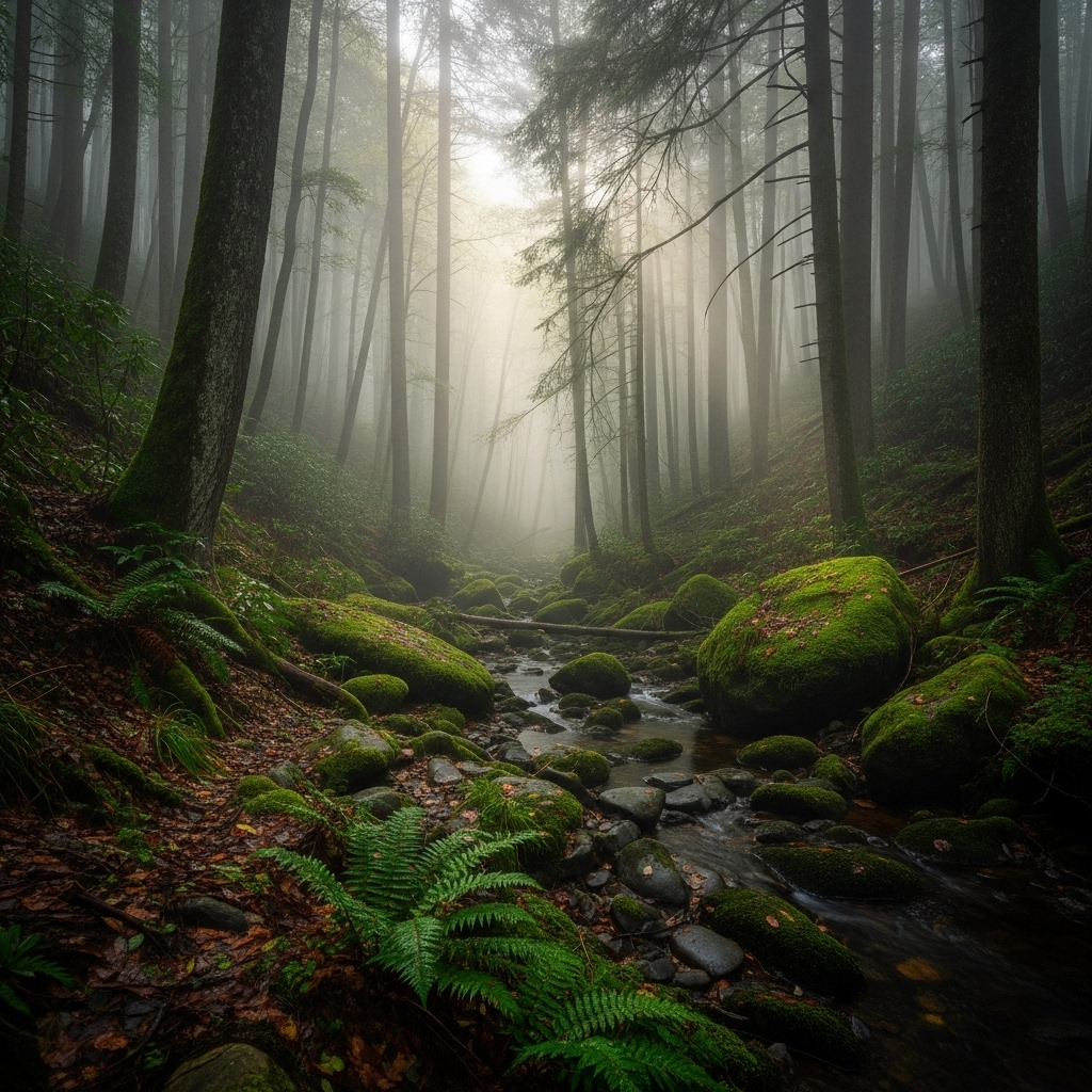 Missouri Creek Trail Cam: 1 New Photo of Bigfoot? 3 A dense, foggy forest landscape typical of the remote Missouri Creek wilderness where the photo was taken.