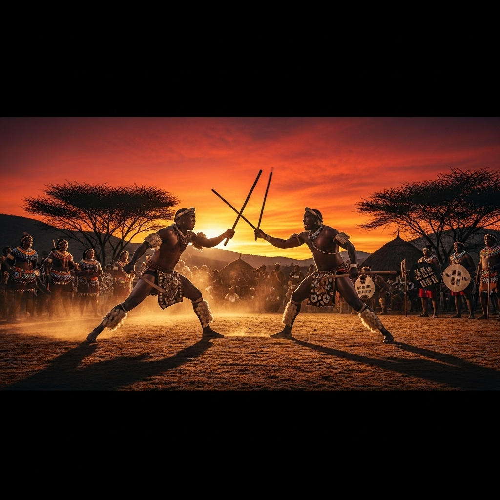 Zulu King Issues 1 Shocking Stick Fight Challenge 3 A depiction of traditional Zulu stick fighting, a core part of the culture the Zulu King upholds.