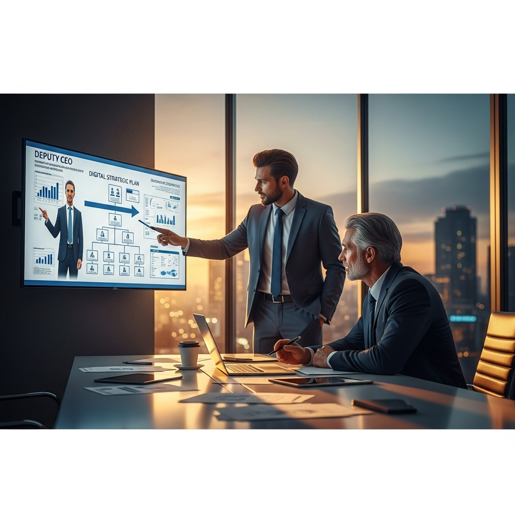 Deputy Chief Executive Officer Role: 5 Key Functions 2 A deputy CEO and CEO collaborating on a strategic plan, highlighting a key aspect of the deputy chief executive officer role.