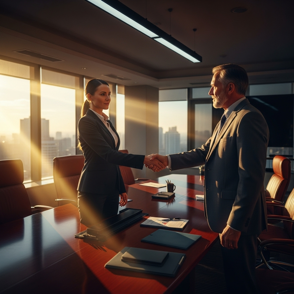 Deputy Chief Executive Officer Role: 5 Key Functions 4 A deputy CEO shaking hands with a board member, symbolizing the stakeholder and succession aspect of the deputy chief executive officer role.