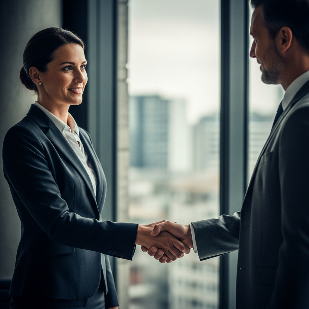 Deputy Chief Executive Officer Role: 5 Key Responsibilities 4 A deputy CEO shaking hands with a partner, showcasing the stakeholder management part of the deputy chief executive officer role.