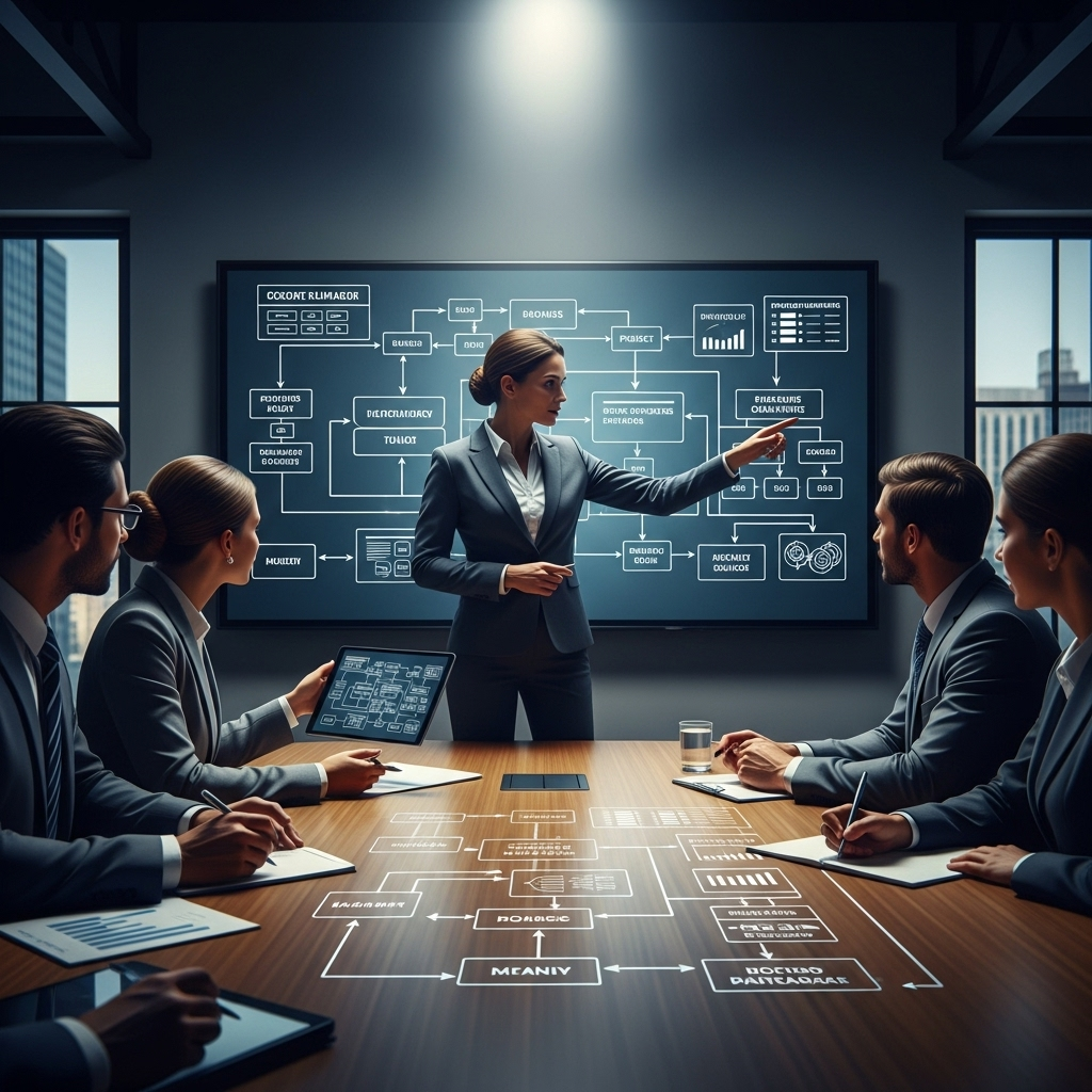 deputy chief executive officer role: 5 Core Functions 2 A deputy chief executive officer discussing a strategic flowchart with their team, a key part of the deputy chief executive officer role.