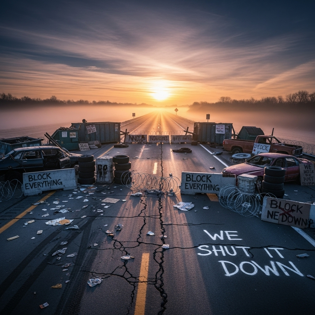 'Block Everything' Protests: France Sees 100s Arrested 4 A deserted highway at dawn, blocked by makeshift barricades from the 'block everything' protests.