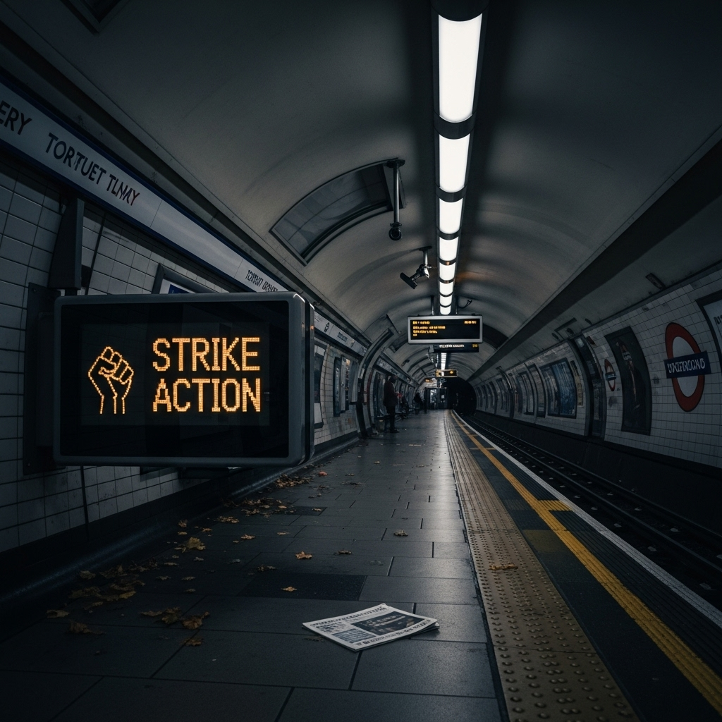 London Underground: 7 Days of Strikes Halt Tube Service 2 A deserted london underground platform during the strike with 'Strike Action' displayed on a screen
