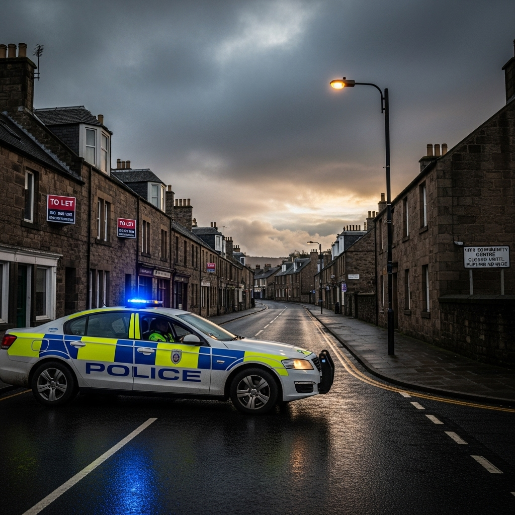 kirk shooting: 4 Key Updates on the Manhunt for Suspect 3 A deserted street in Kirk with a police cruiser, illustrating the community lockdown after the kirk shooting.