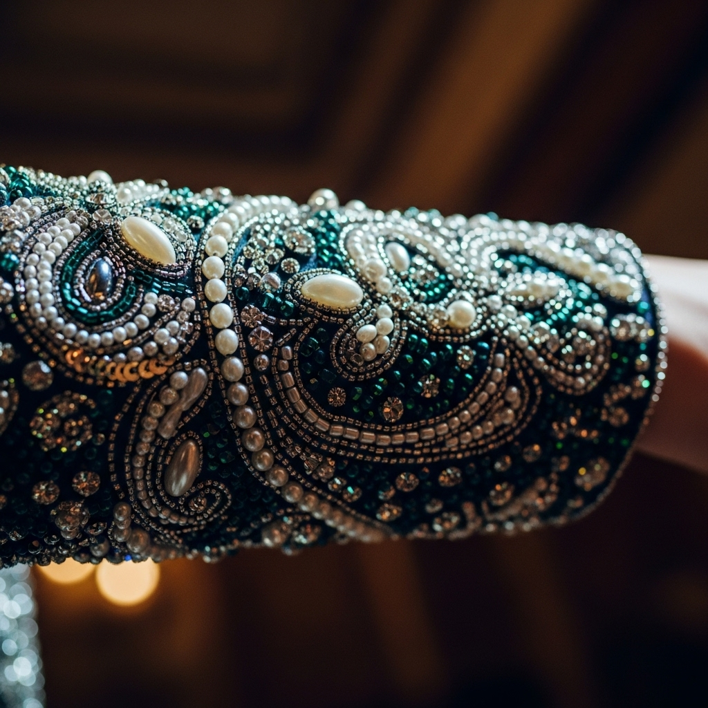 Miu Miu: Gwendoline Christie's 1 Stunning Emmy Look 3 A detailed close-up shot of the intricate beading on the cuff of Gwendoline Christie's Miu Miu dress.