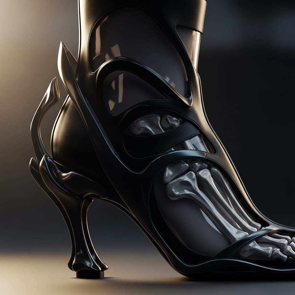 Custom Windowsen Boots: FKA Twigs' 1 Wild VMAs Look 3 A detailed closeup of the intricate, skeletal design of the custom windowsen boots worn by FKA Twigs.