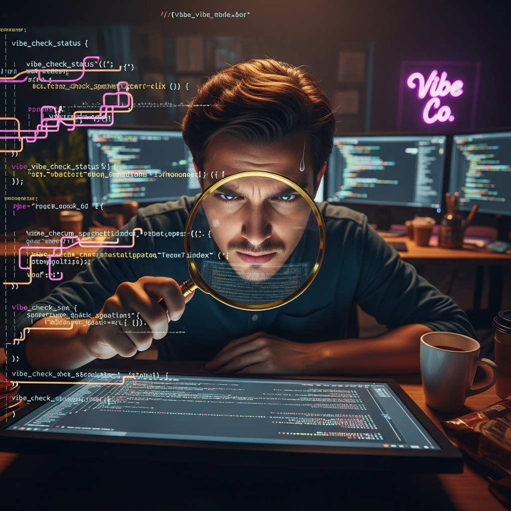 Vibe Coding: 5 Ways Senior Devs Are Now AI Babysitters 4 A developer looking at confusing code on a screen with a magnifying glass, representing debugging in the age of vibe coding.