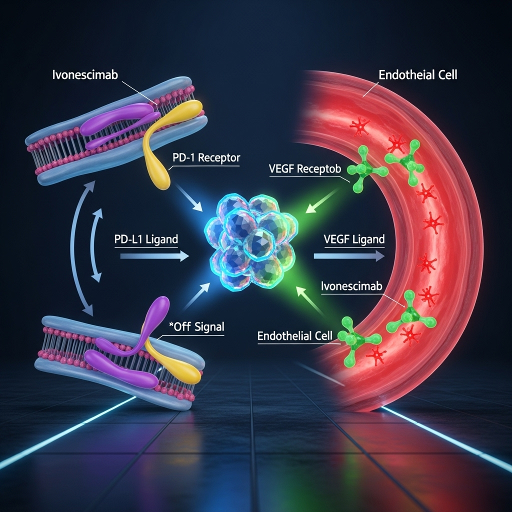 new promising os trend: Summit's Phase 3 global data 3 A diagram illustrating how ivonescimab, a key part of this new promising os trend, targets both PD-1 and VEGF pathways.