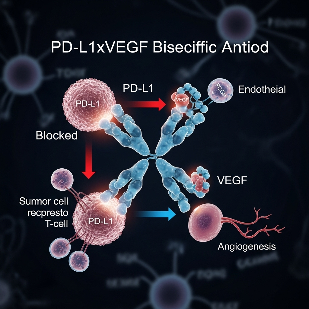 PD-L1xVEGF Bispecific: 1st Global Data from BioNTech/BMS 2 A diagram illustrating the dual-action mechanism of the pd-l1xvegf bispecific antibody, showing it blocking both PD-L1 and VEGF pathways.