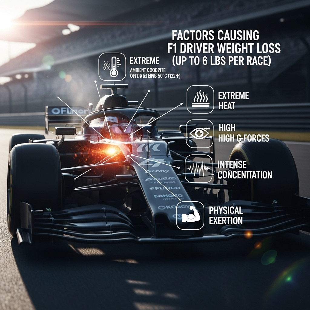 Up to 6 Pounds: F1 Driver Weight Loss in a Single Race 3 A diagram illustrating the factors like heat and G-force that cause an F1 driver to lose up to 6 pounds.