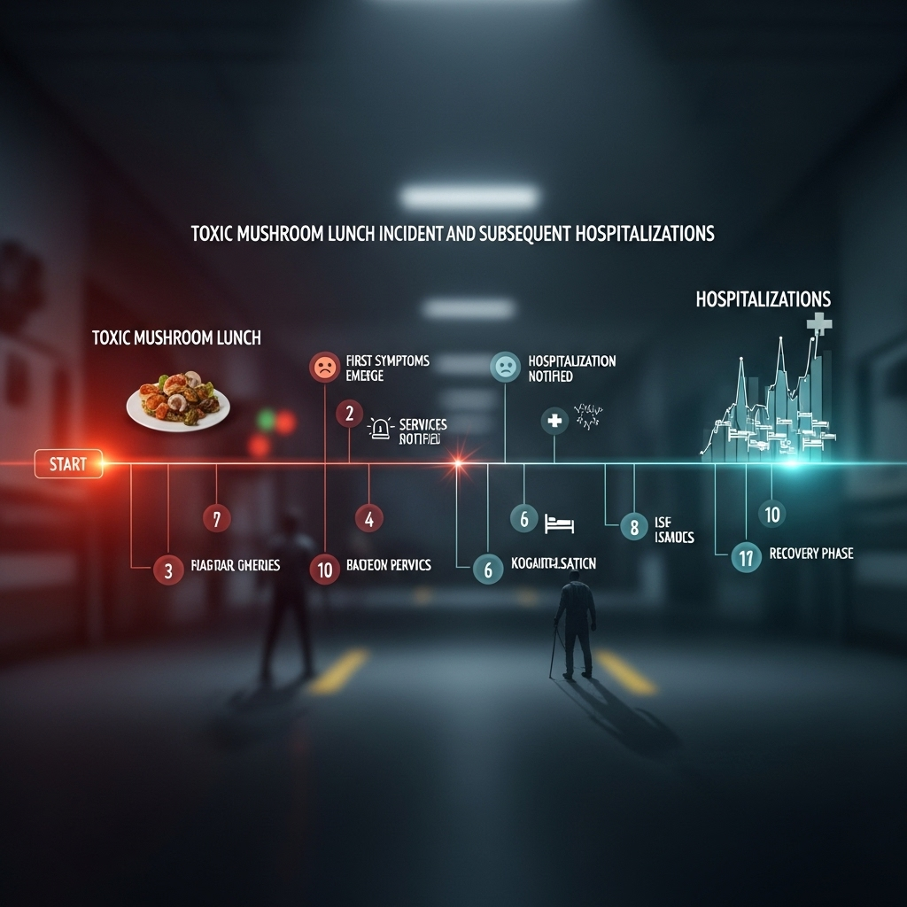 Toxic mushroom lunch: 1 woman jailed for 3 murders 2 A diagram illustrating the timeline of the toxic mushroom lunch incident and subsequent hospitalizations.