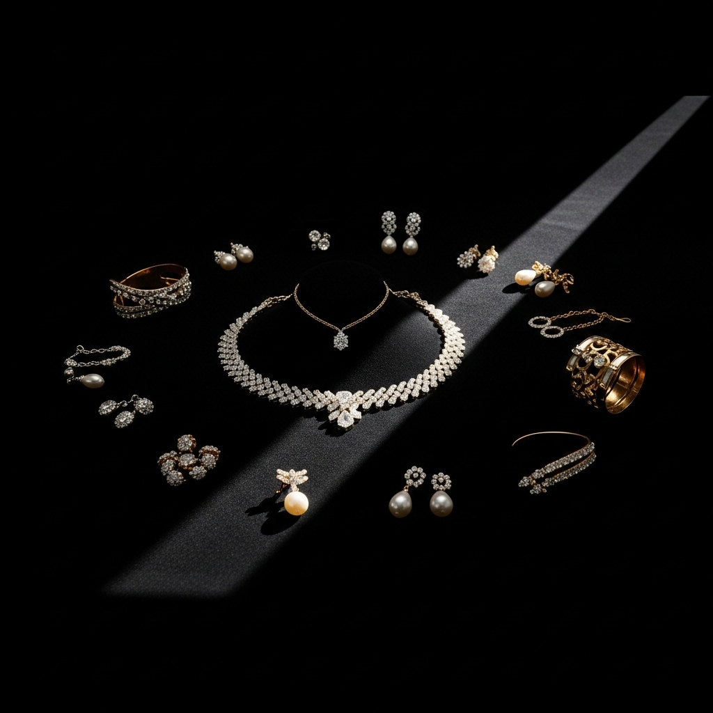 Crime Spikes: 3 Embarrassing Police Tips Amid Robberies 3 A display of jewelry with a shadow over it, symbolizing the advice to hide valuables amid crime spikes.