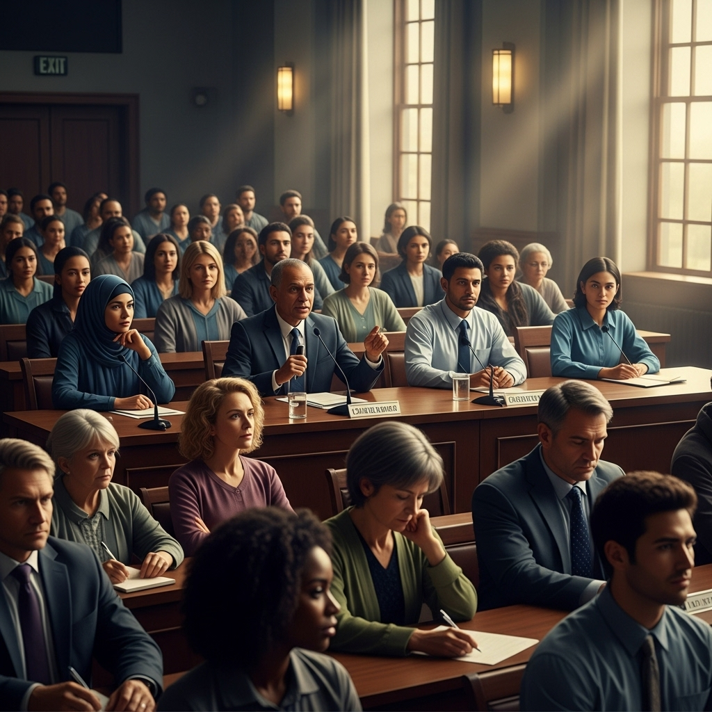 muslim-led council: 1 Big Win in Pride Flag Legal Battle 4 A diverse crowd of citizens at a public meeting listens as the muslim-led council discusses policy.