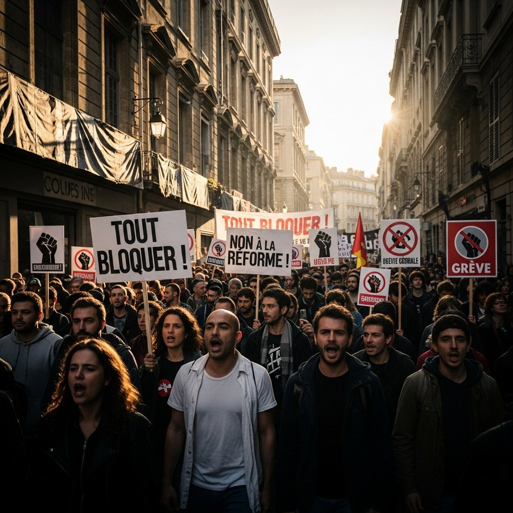 'block everything' protests: Hundreds arrested in France 4 A diverse crowd of people marching with signs at the 'block everything' protests in Marseille.