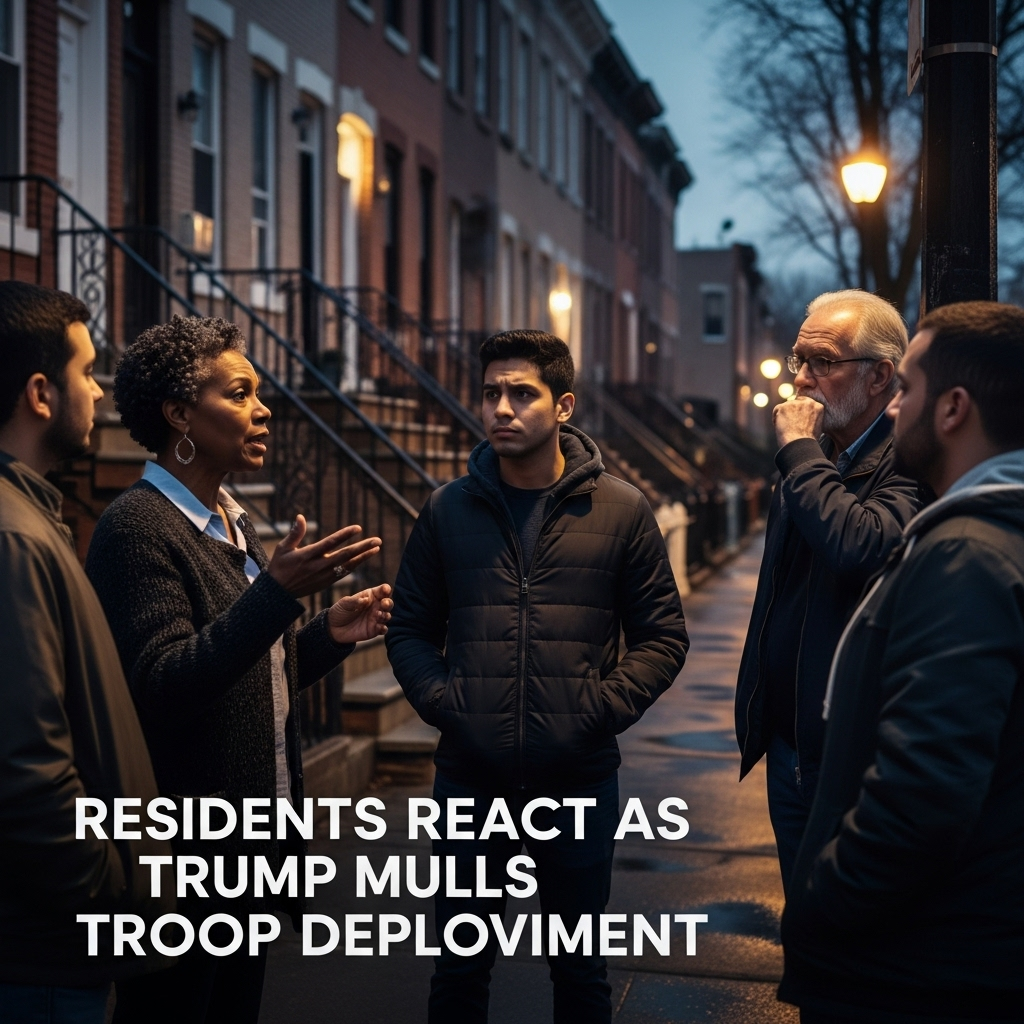 trump mulls sending troops to Baltimore; 5 residents speak 3 A diverse group of Baltimore residents talking on a neighborhood street, with a caption overlay saying Residents React as Trump Mulls Troop Deployment.