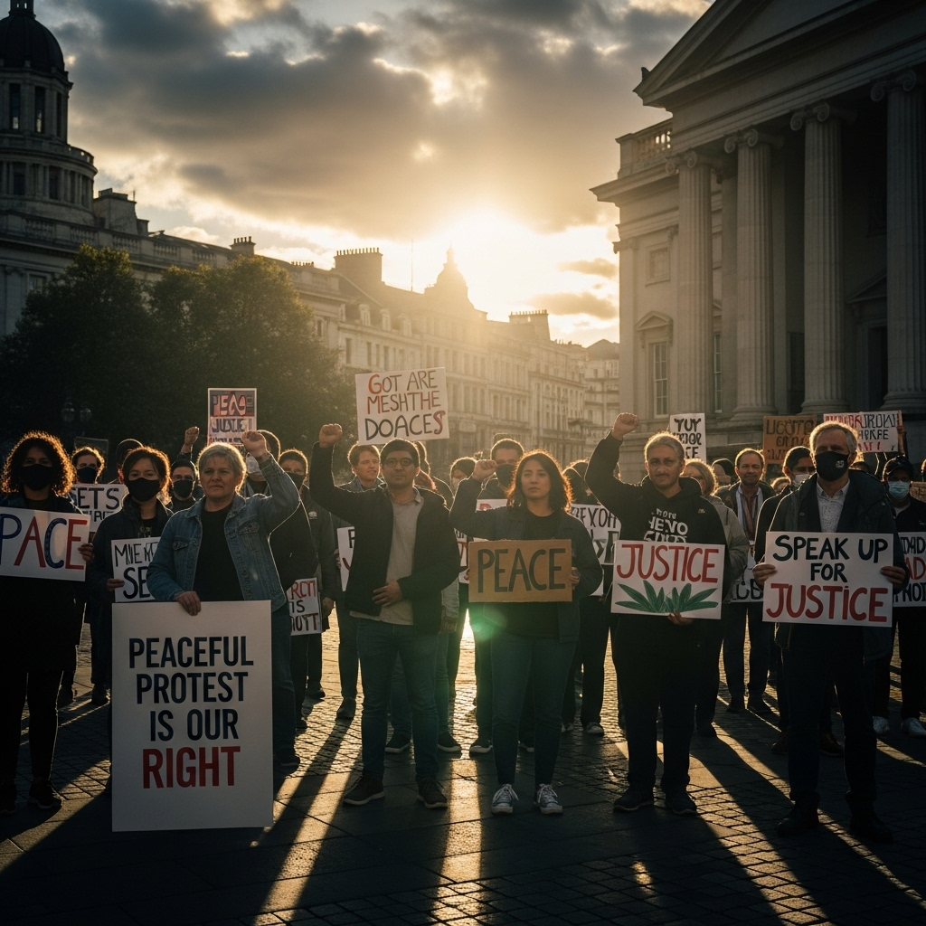 Protest Violence: Tom Homan's 2-Pronged Plan for Order 4 A diverse group of citizens holding signs at a peaceful rally, illustrating the right to protest without violence.