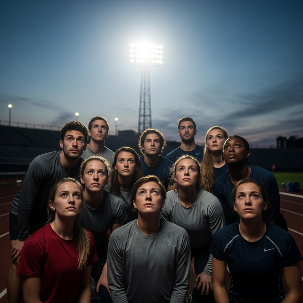 College Sports: 5 Things to Know About the NIL Fight 4 A diverse group of college sports athletes looking towards a bright stadium light representing the future.